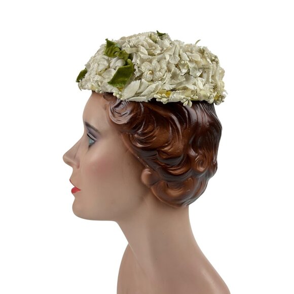 Vintage Accessories - Vintage 50s Floral Hat White Green Bows Formal Round Pillbox B. Forman